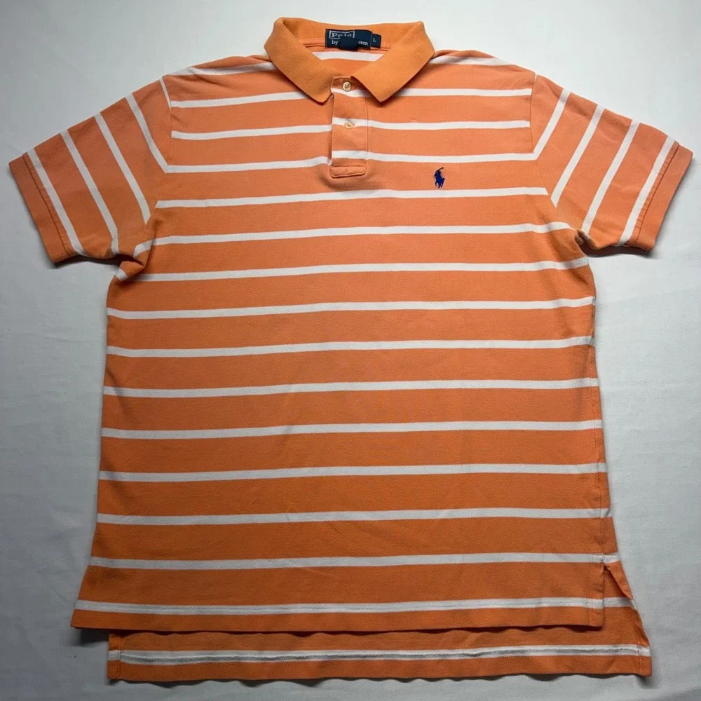 Polo Ralph Lauren Polo Shirt Mens Large Orange White Striped Cotton Classic